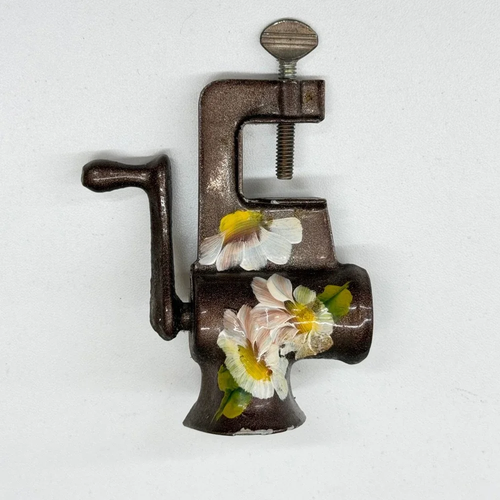 Vintage Miniature Clamp On Meat Grinder Metal Hand Painted‎ Floral Kitchen Decor